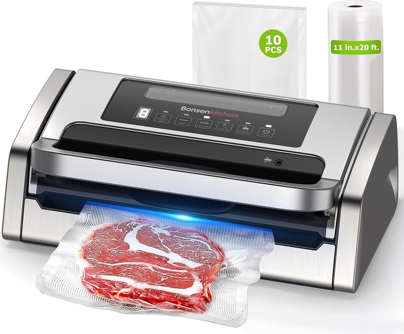 Bonsenkitchen Vacuum Sealer Machine, Powerful Low-Noise Food Vacuum Sealer, Globefish Technology for High-Speed Continuous Working (Full Silver) - Image 1